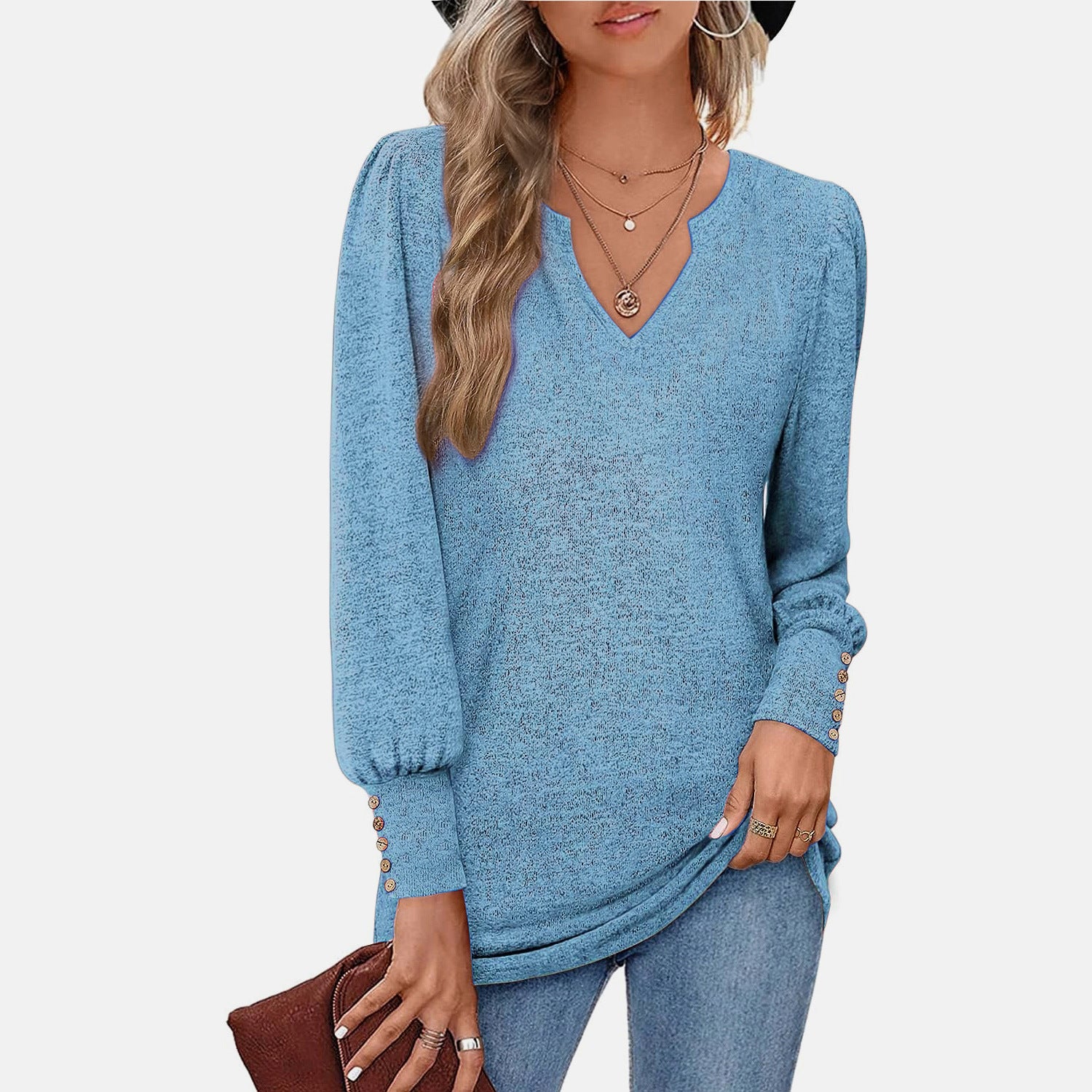 Women's Casual Waist Puff Sleeve Button Long Tops