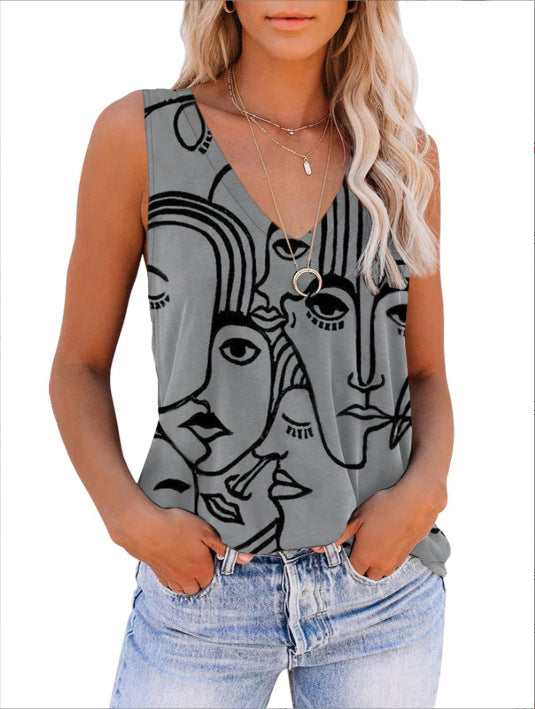 Women's Summer Digital Print V-neck Sleeveless T-shirts Blouses