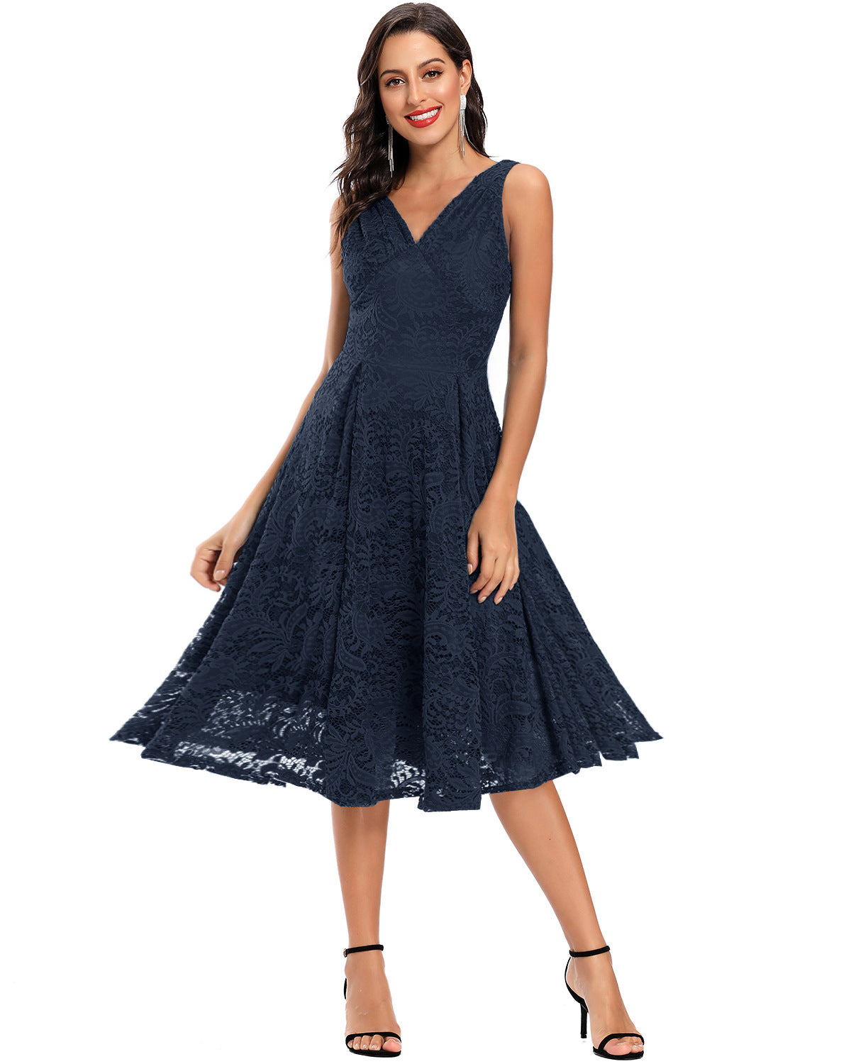 Summer V-neck Pleated Lace Waist-controlled Large Hem Mid-length Dresses