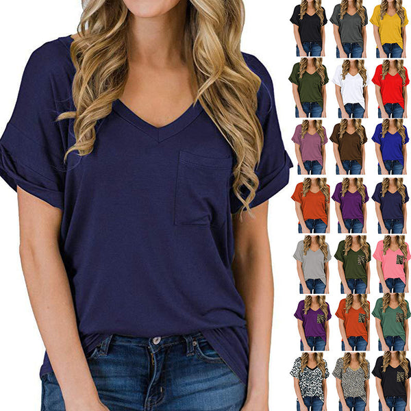 Women's V-neck Pocket T-shirt Sleeve Loose Tops