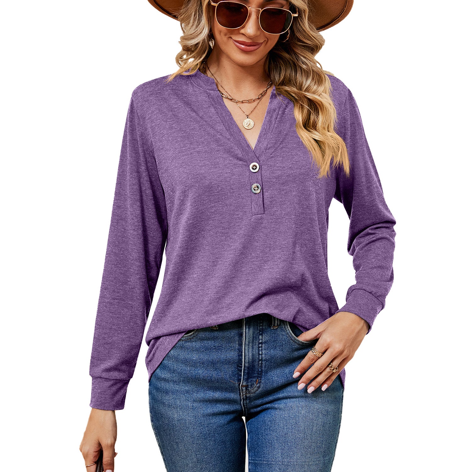 Women's Solid Color And Button Loose Long-sleeved Tops