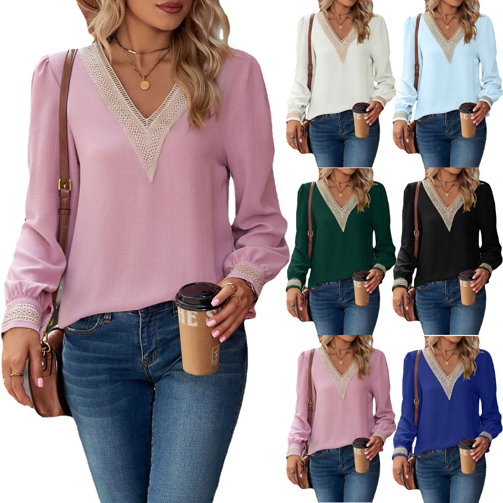 Women's Solid Color V-neck Long Sleeve Loose Ruffled Stitching Blouses