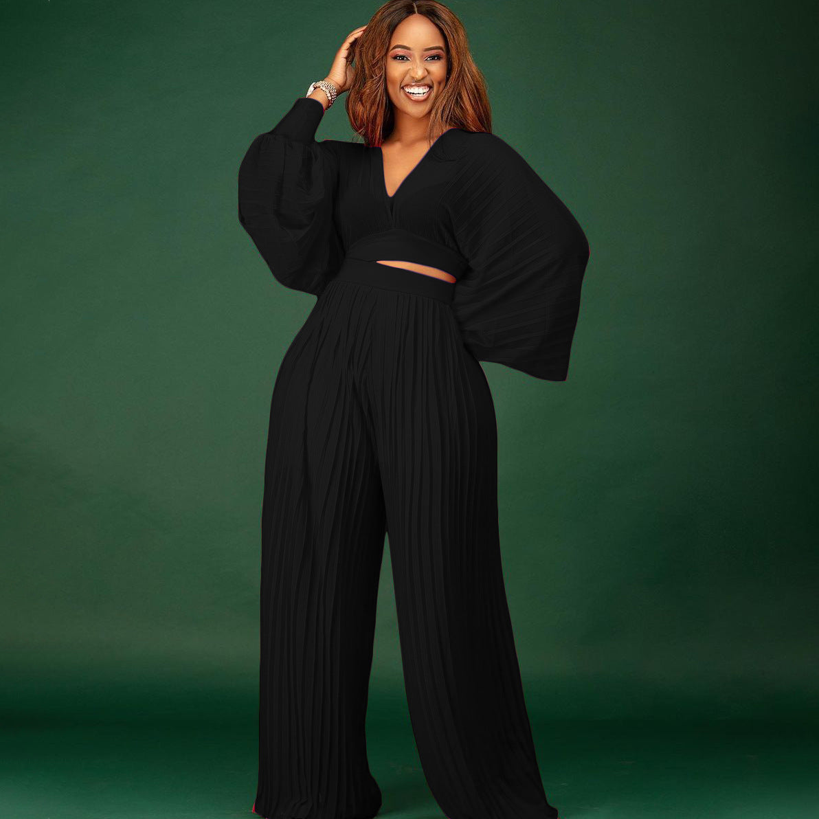 Long Sleeve V-neck Wide Leg Pleated Suits