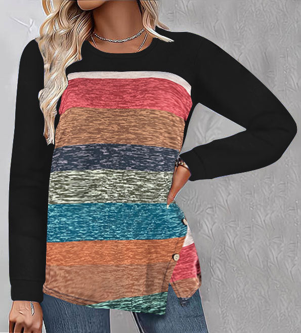 Women's Neck Hem Irregular Mixed Color Stripe Button Long Sleeve Blouses