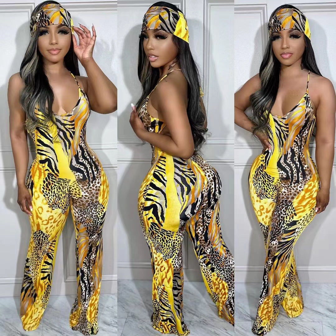 Women's Leopard Print Printed Wear With Headscarf Jumpsuits