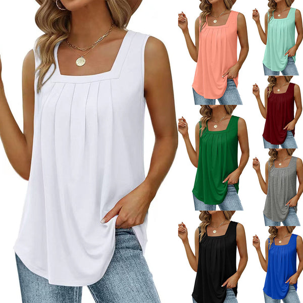 Women's Pleated Square Collar Sleeveless Dovetail Blouses