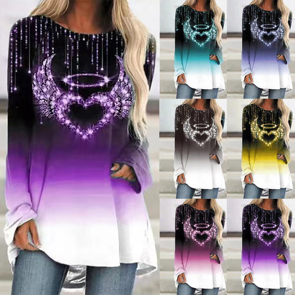 Women's Autumn Loose Round Neck Heart Printing Long Sleeve Blouses