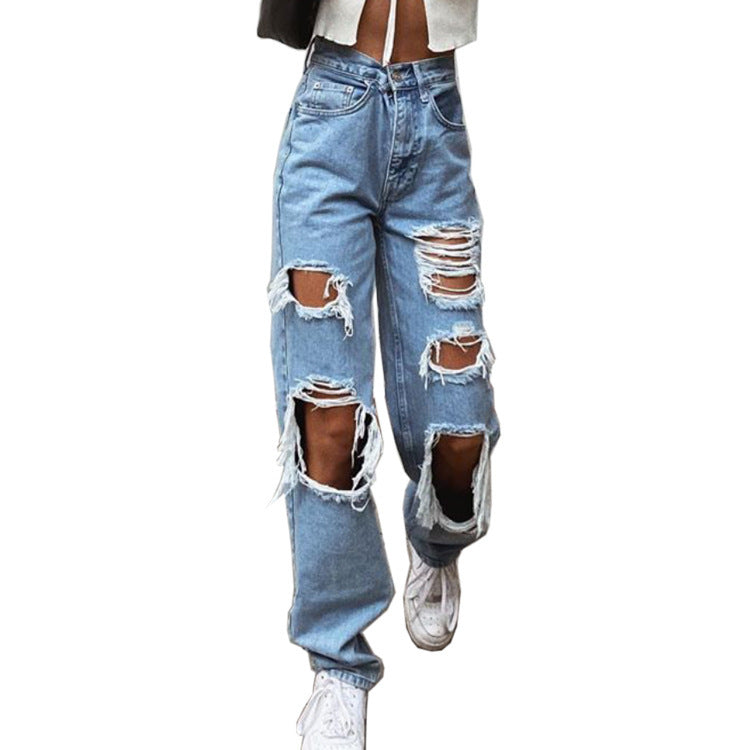 Trendy Women's High Ripped Straight Loose Jeans