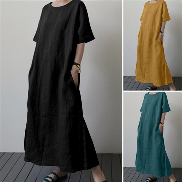 Women's Linen Loose Large Solid Color Sleeve Dresses