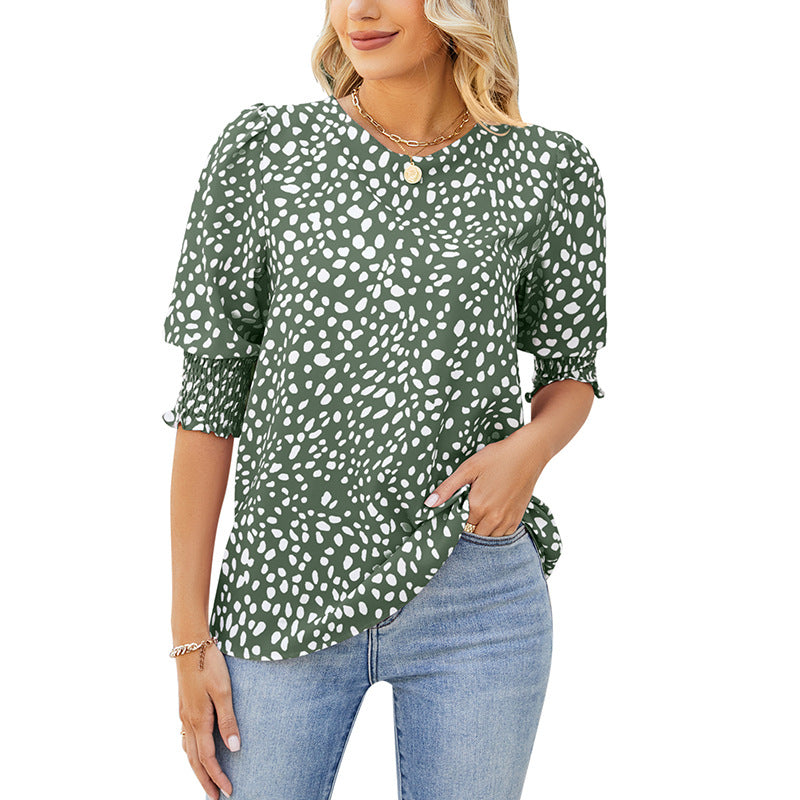 Women's Summer Loose Printed Sleeve Round Neck Blouses
