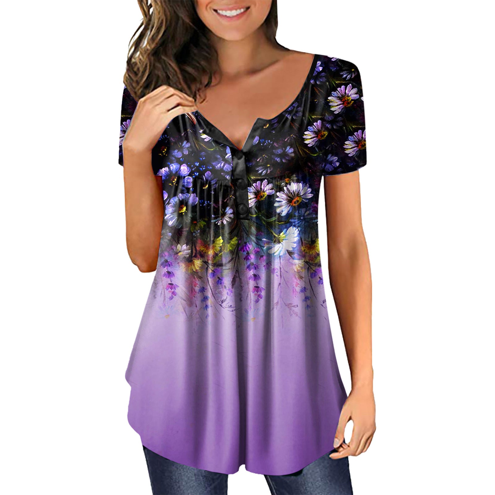 Women's Sleeve Printed Pleating Button Loose V-neck Blouses