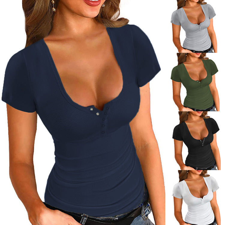 Women's Summer Solid Color Casual T-shirt U-neck Pullover Tight Blouses