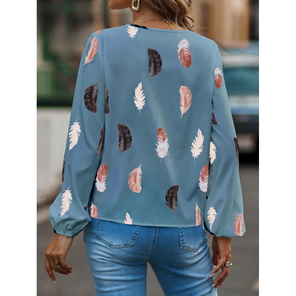 Women's V-neck Feather Print Long-sleeved Loose Blouses