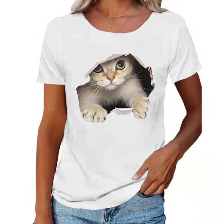 Women's Ripped Cat Round Neck Stylish Loose Blouses