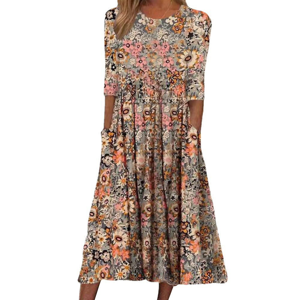 Damen Sommerkleid mit Blumenmuster und lockeren Taschen