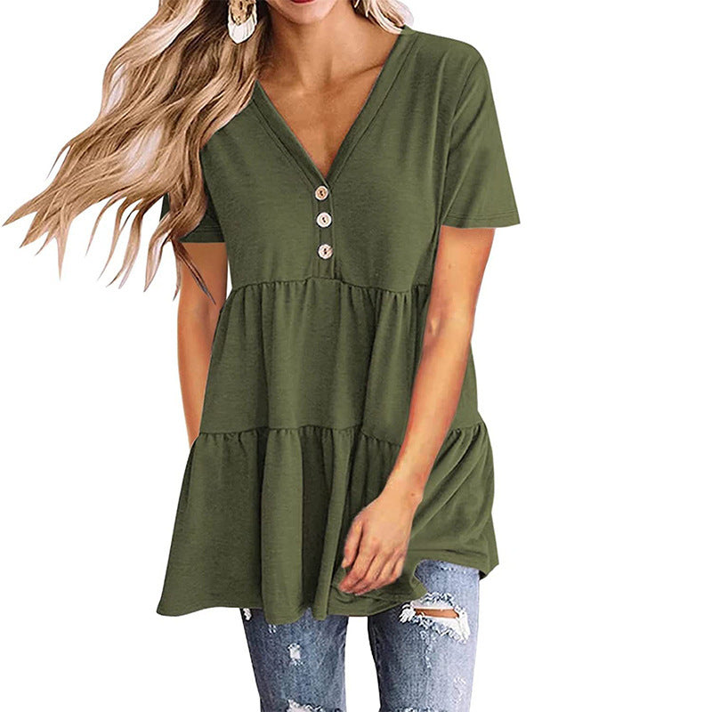 Women's V-neck Short-sleeved Pullover Solid Color Stitching Dresses