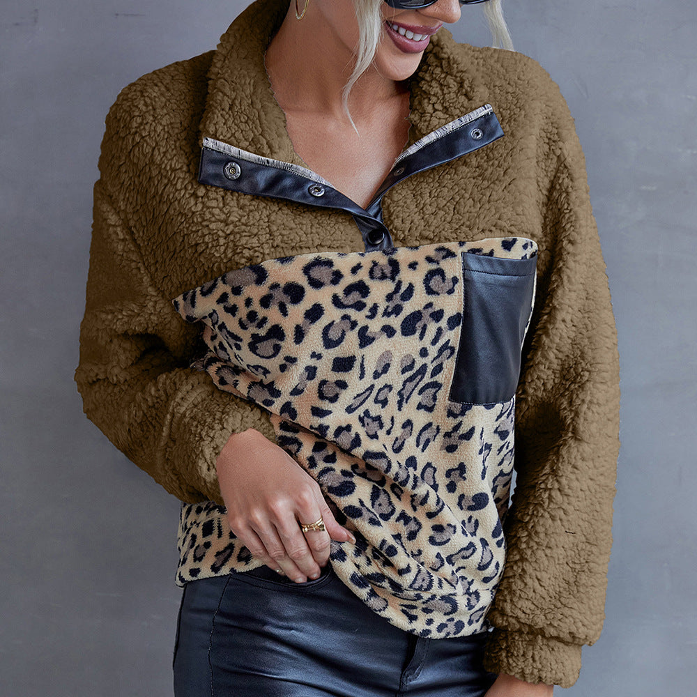 Women's Leopard Color Matching Casual Lamb Fur Sweaters