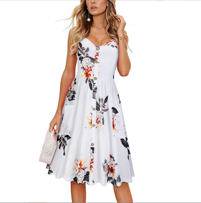 Women's Wear Floral V-neck High Waist Midi Dresses