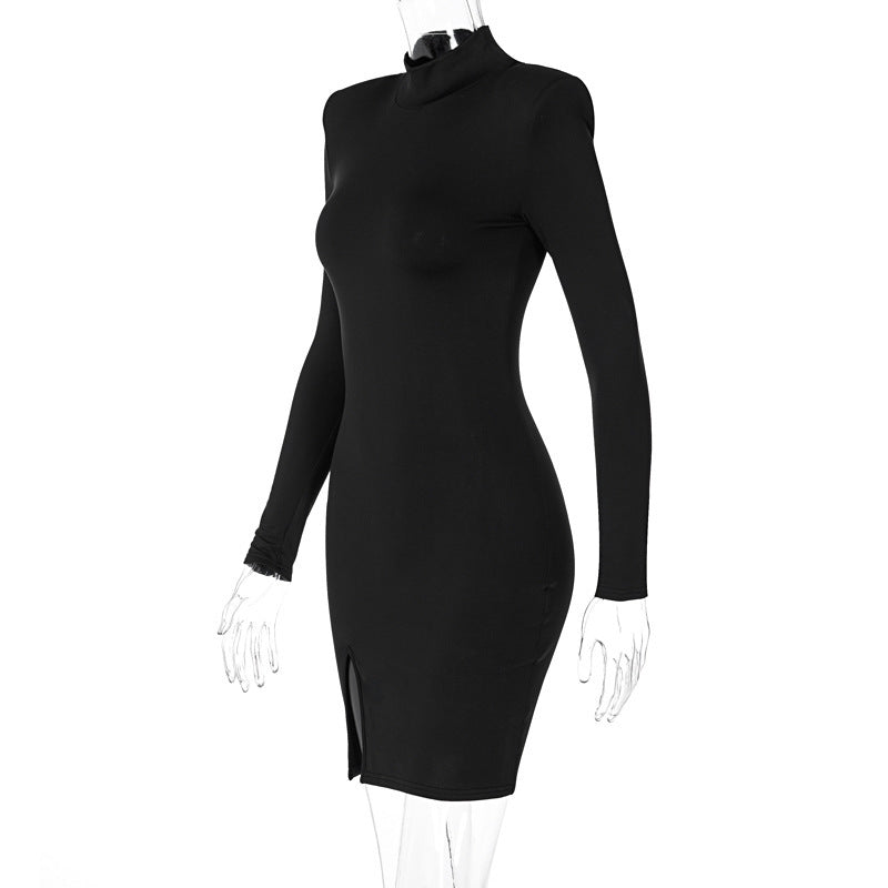 Women's Long Sleeve High Collar Temperament Fashion Sexy Slit Padded Dresses