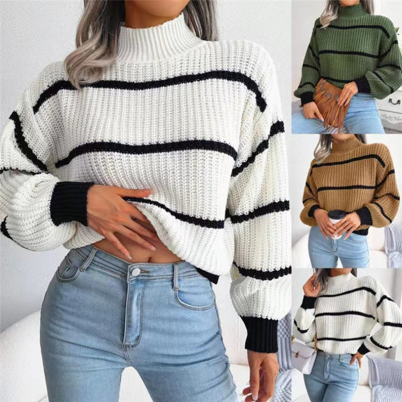 Women's Striped Lantern Sleeve Half Turtleneck Knitted Sweaters