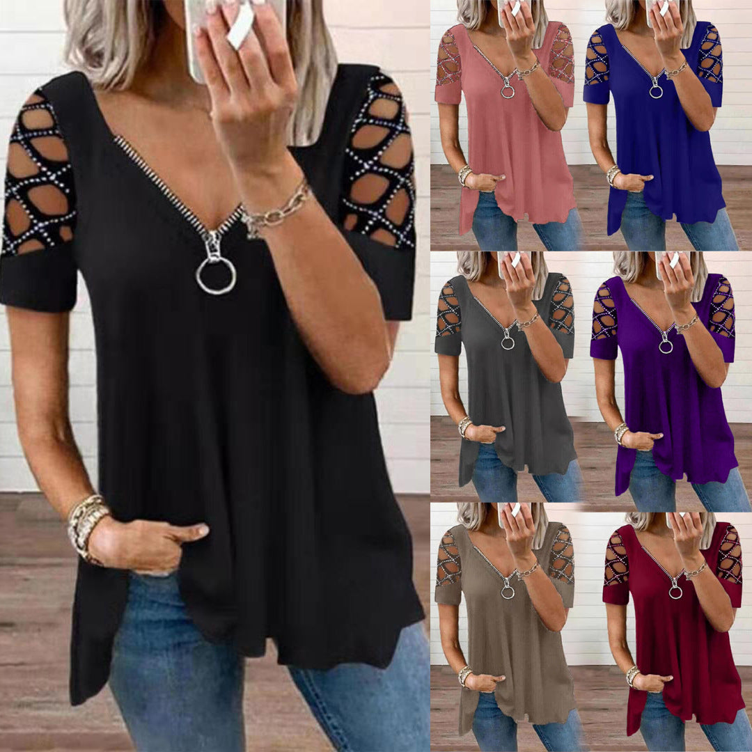 Women's Fashion V-neck Solid Color Hollow Sleeve Rhinestone Tops