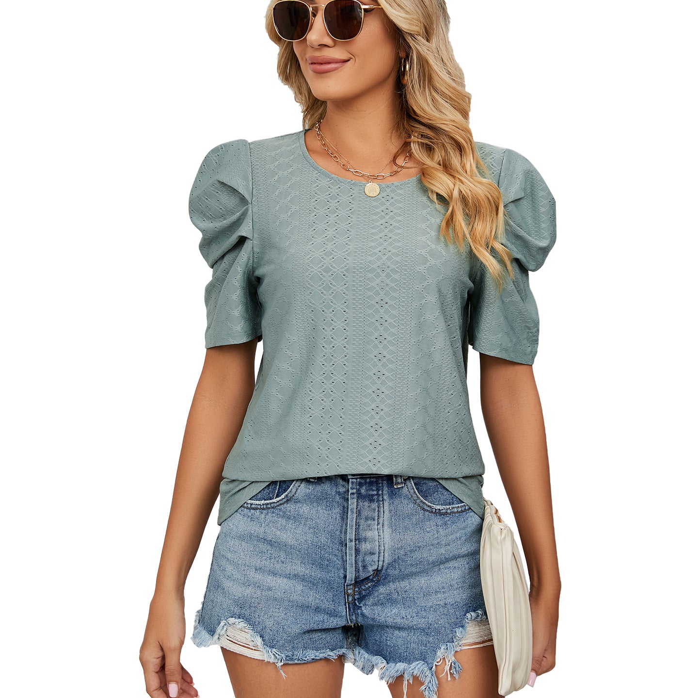 Solid Color Round Neck Pleated Oversleeves Blouses