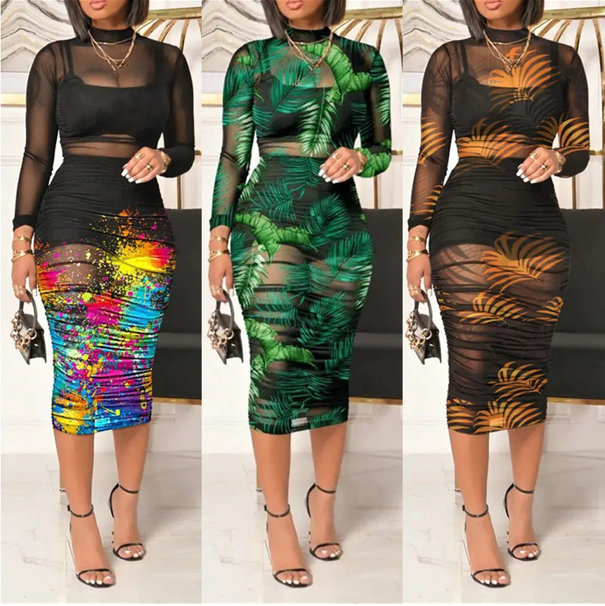 Black With Retro Printed Sexy Net Dresses