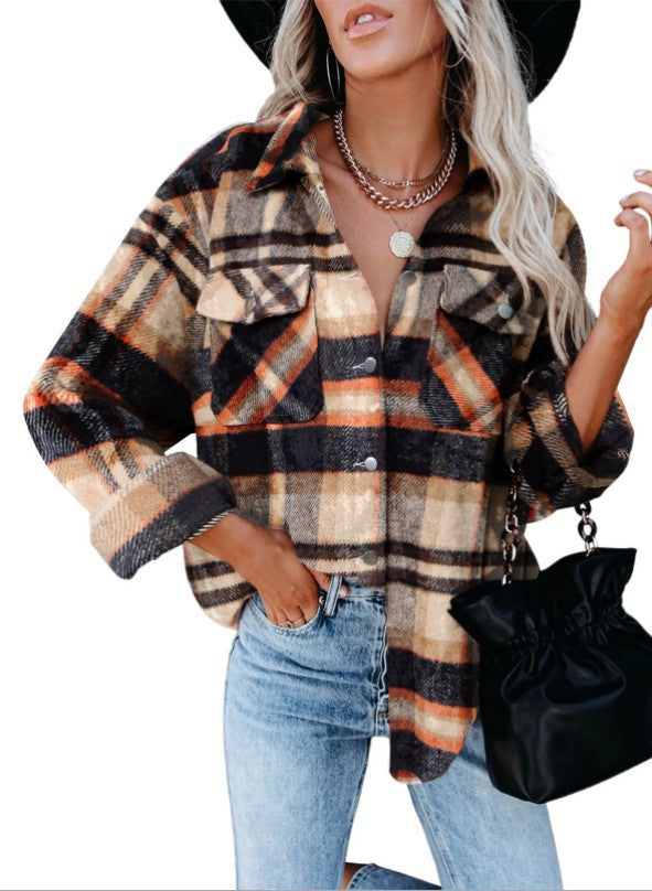 Women's Plaid Shirt Woolen Flannel Breasted Coats