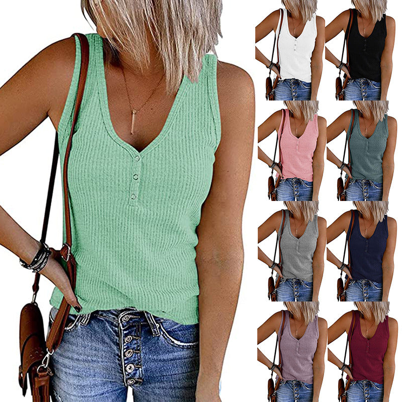 Women's Summer Breasted Knitted Solid Color V-neck Tops