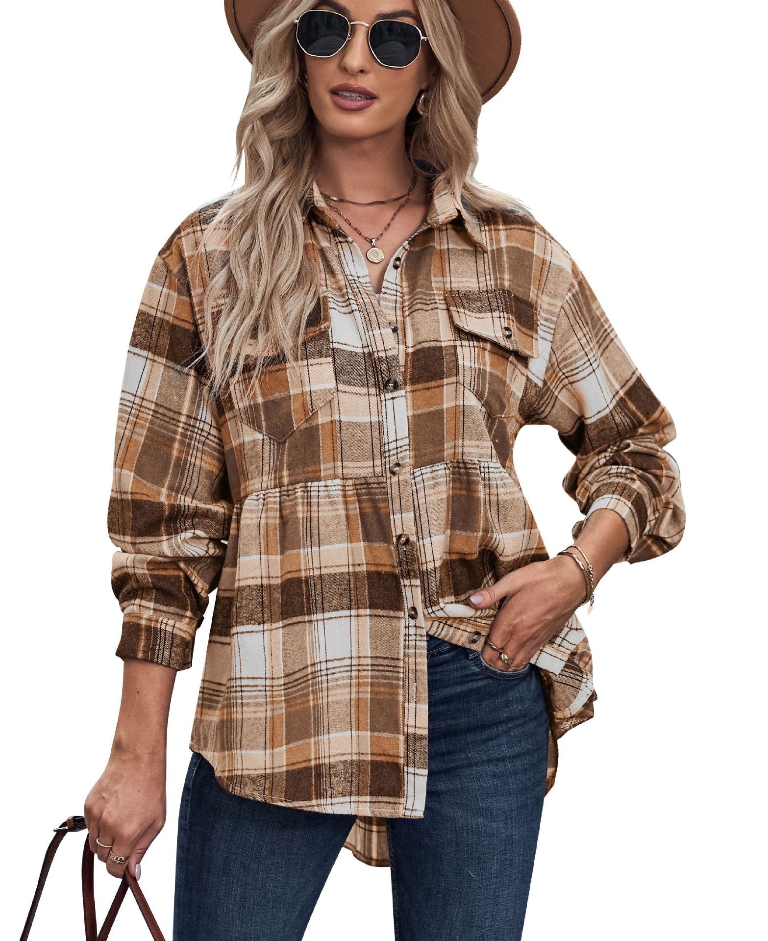 Women's Lapel Long Sleeve Pocket Casual Plaid Blouses