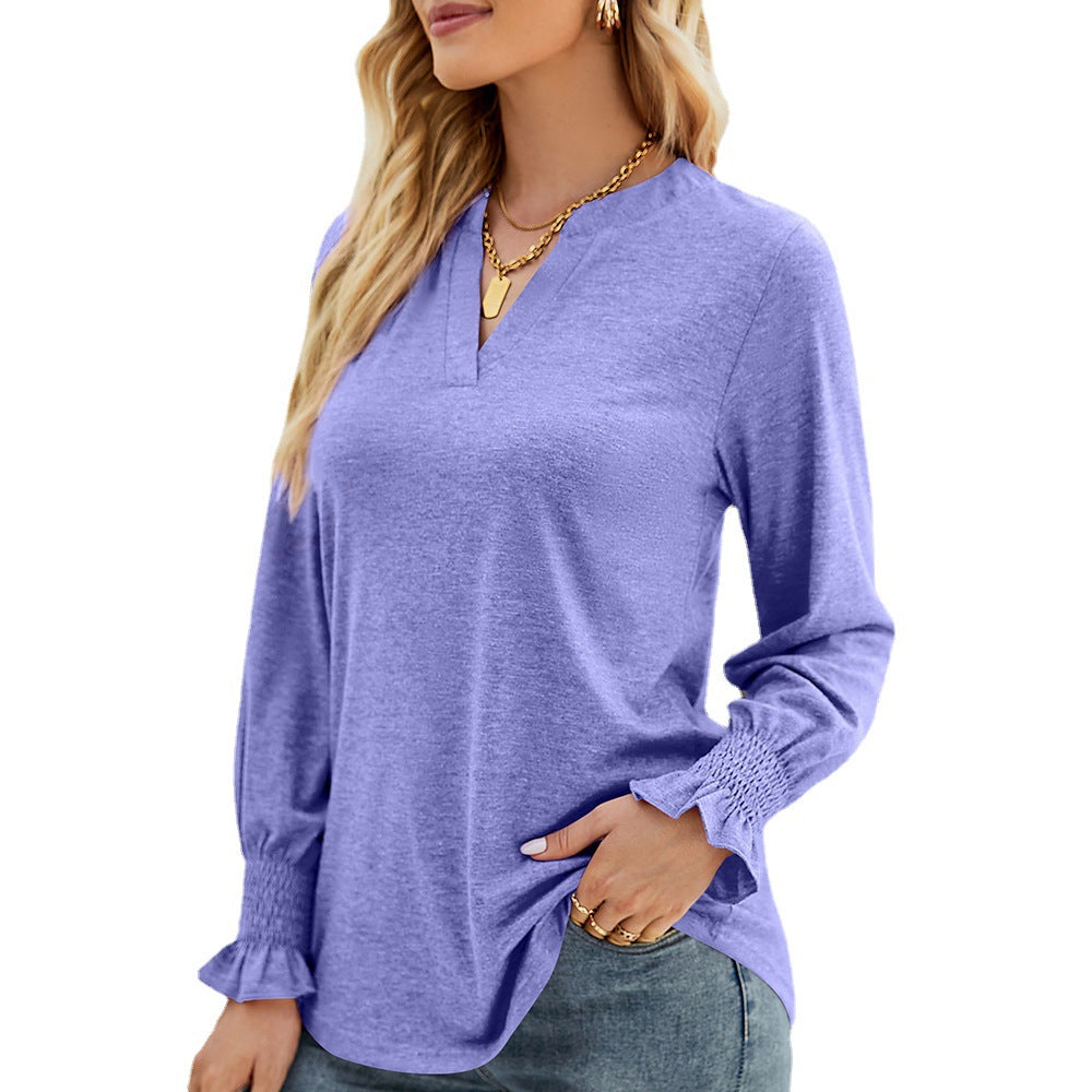 Women's Casual V-neck Solid Color Ruffle Sleeve Loose Tops