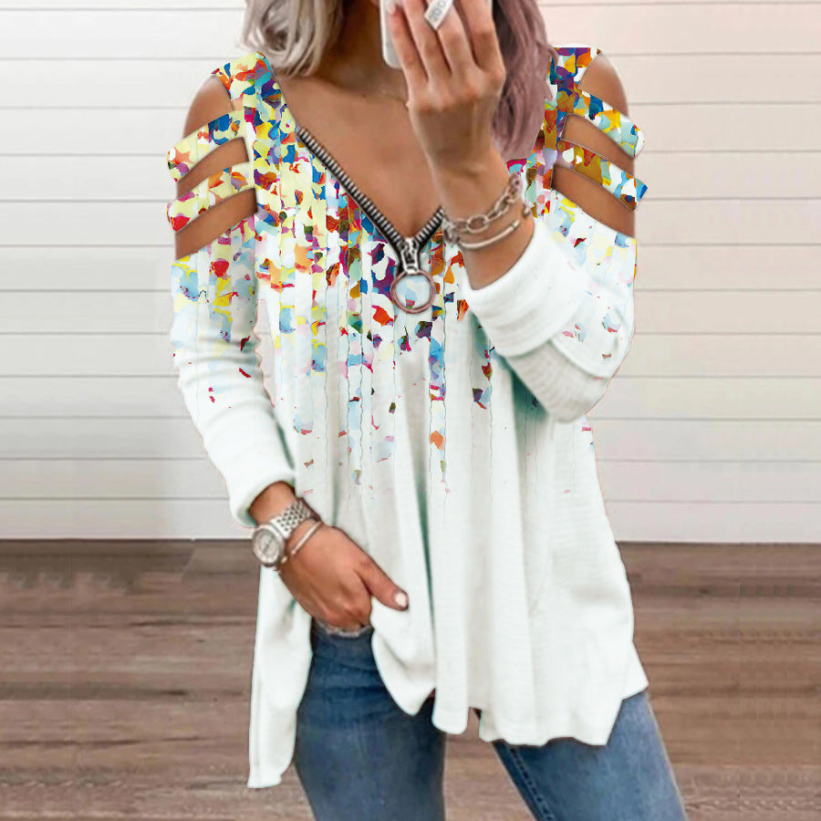 Women's Floral V-neck Zipper Off-shoulder Long Sleeve Blouses