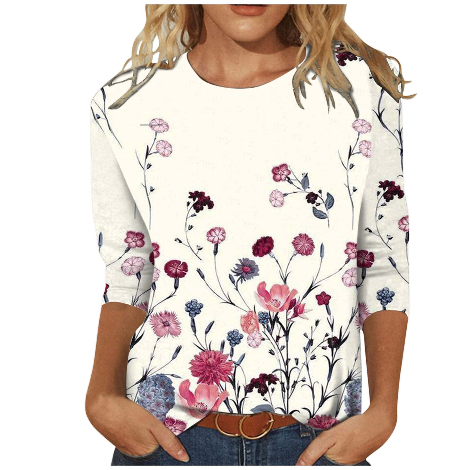 Women's Round Neck Long Sleeve Loose Print Tops