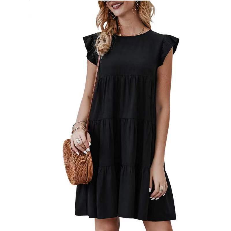 Color Round Neck Sleeves Casual Cake Pleated Dresses