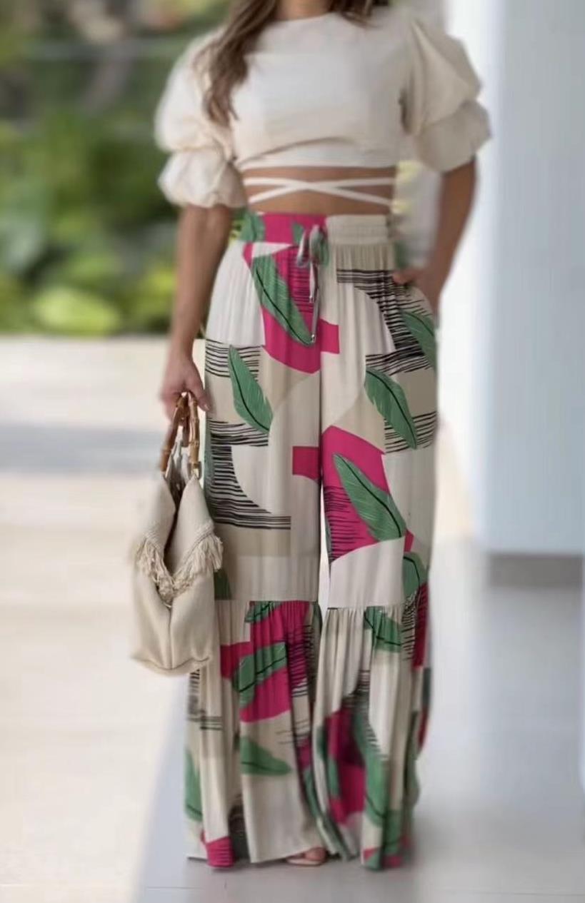 Bohemian Printed Elastic Waist Stitching Wide-leg Pants