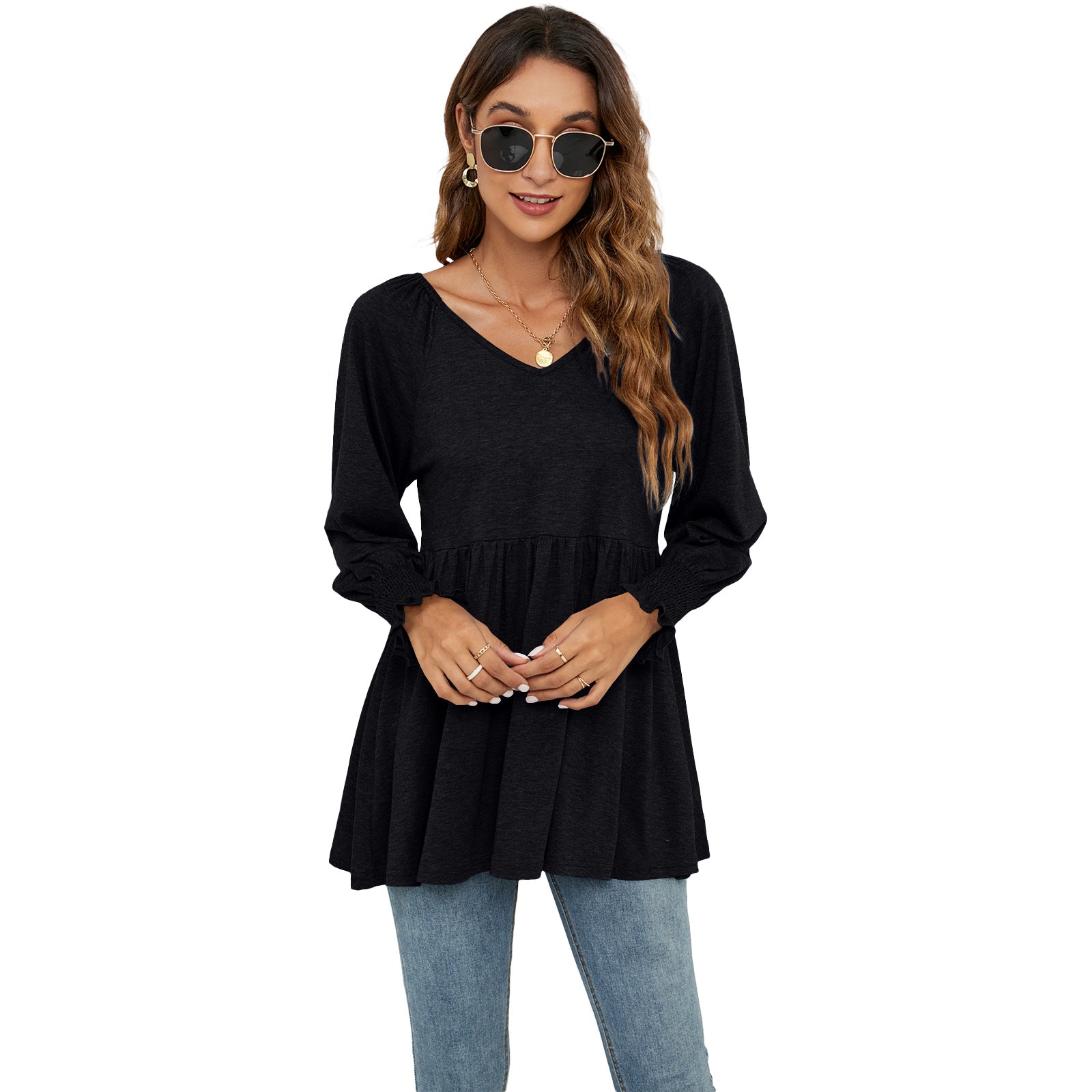 Women's V-neck Bubble Long Sleeve Waist T-shirt Tops