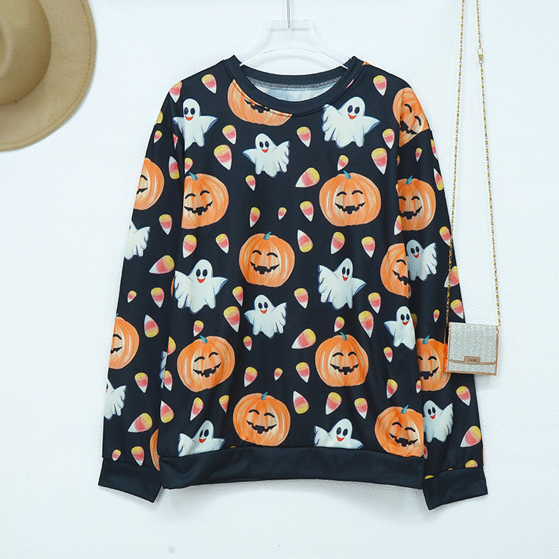 Women's Halloween Pumpkin Print Long Sleeve Loose Sweaters