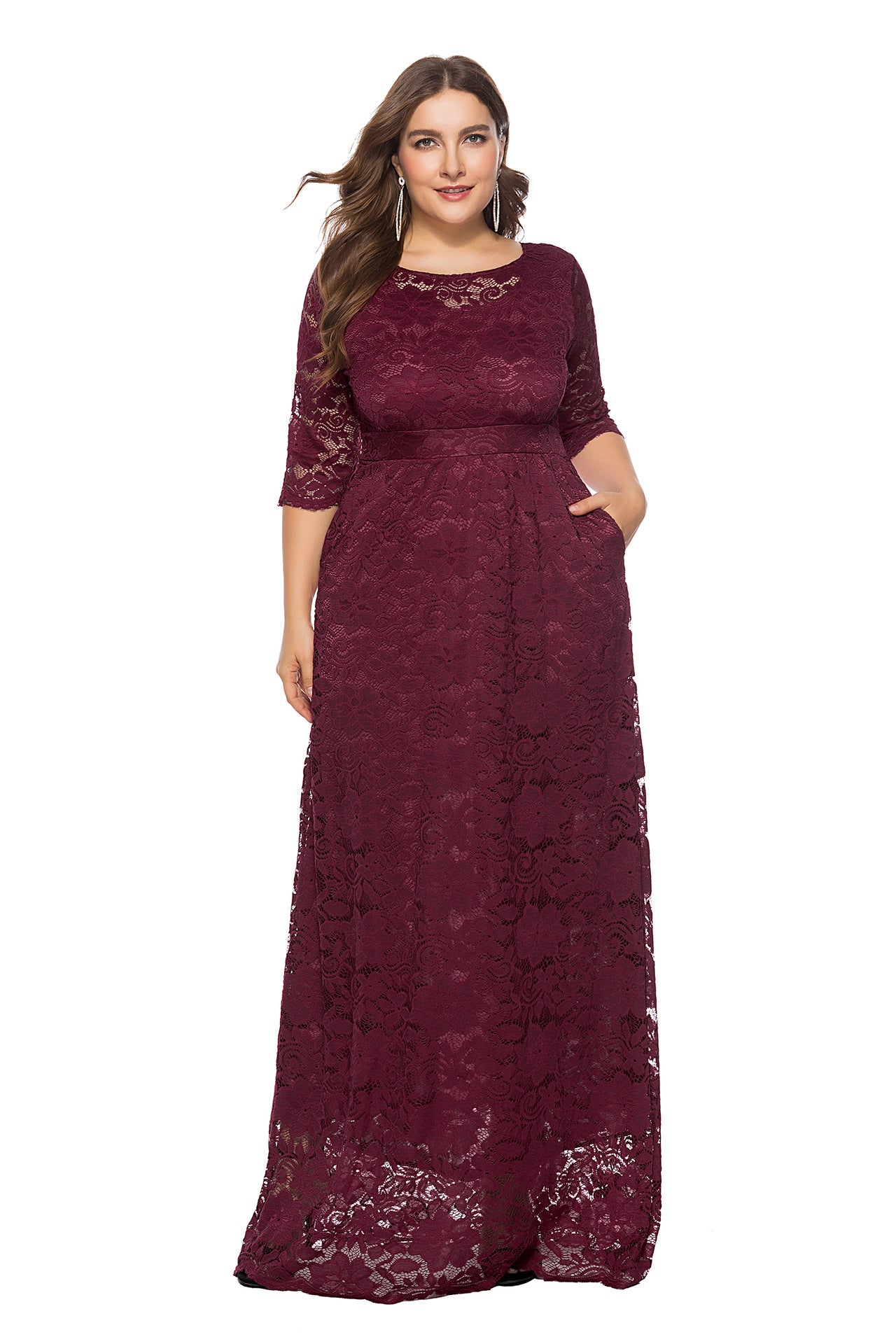 Women's Large Hollow Lace Pocket High Long Dresses