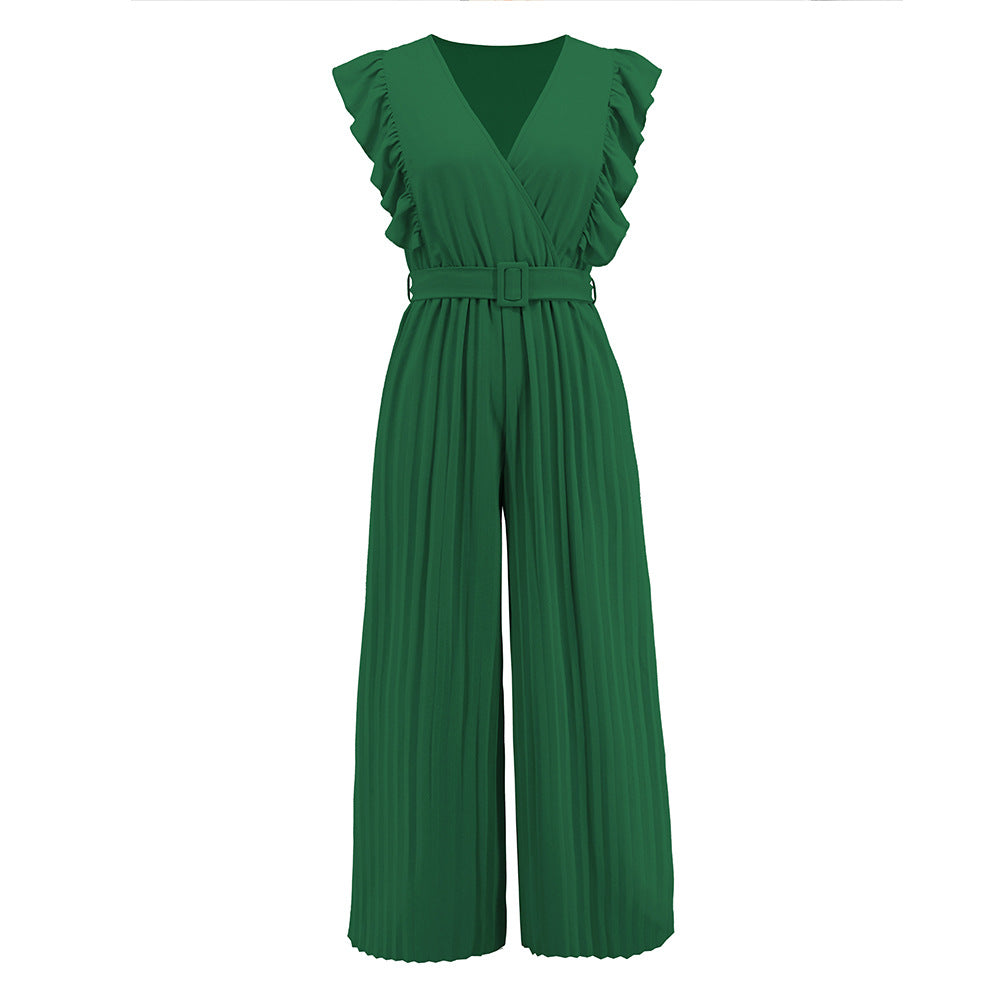 Women's V-neck Pleated Slim Fit Patchwork Straight-leg Jumpsuits