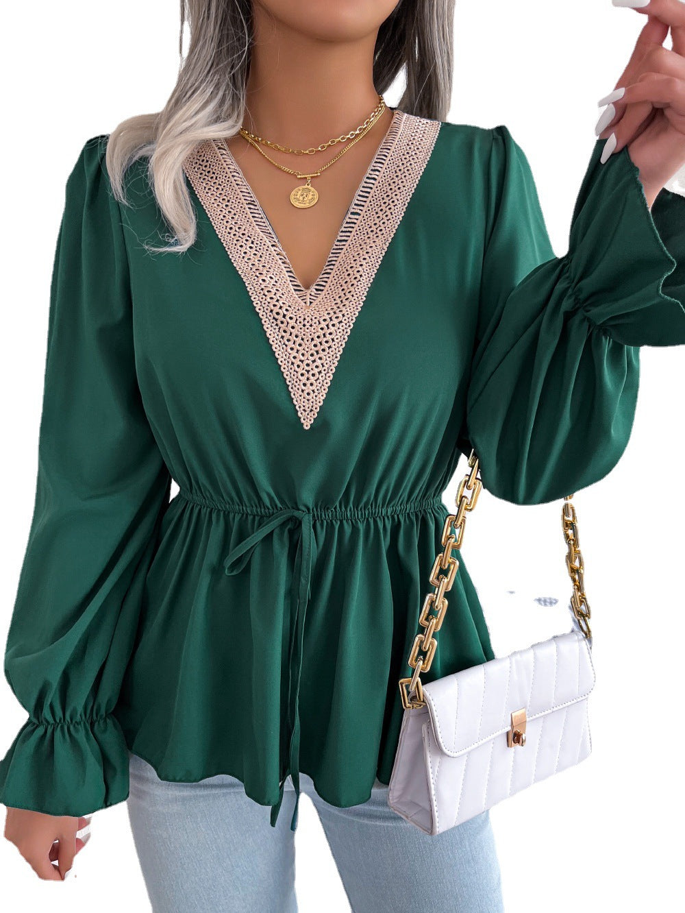 Women's V-neck Lace-up Waist Trimming Ruffles Blouses