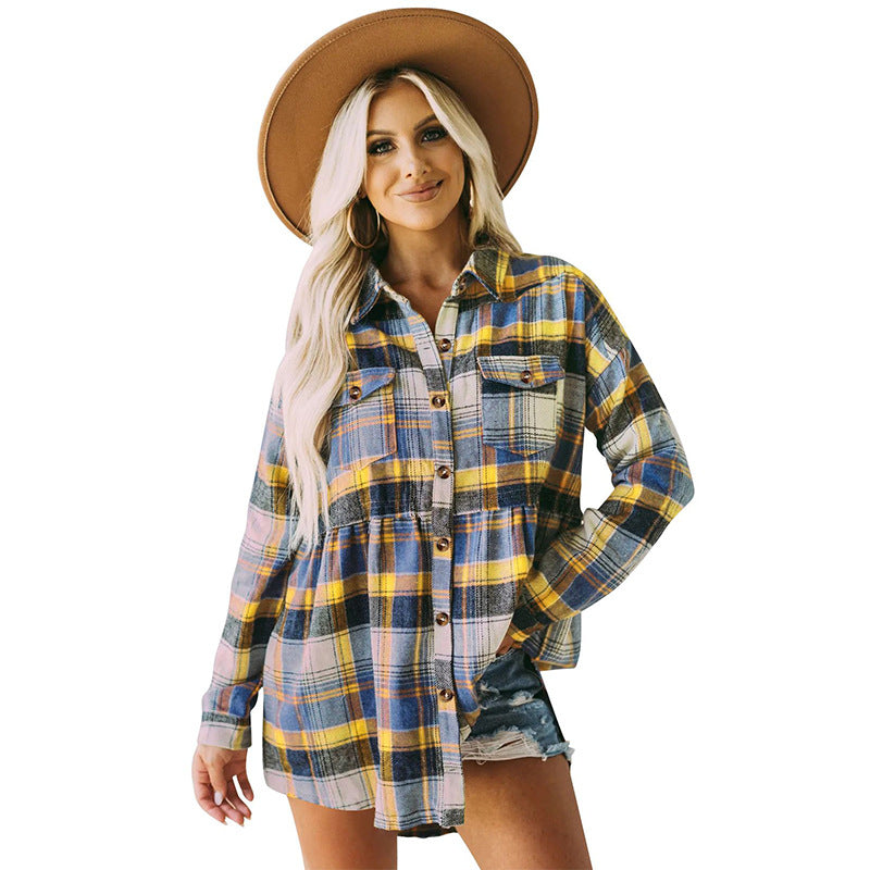 Women's Lapel Long Sleeve Pocket Casual Plaid Blouses