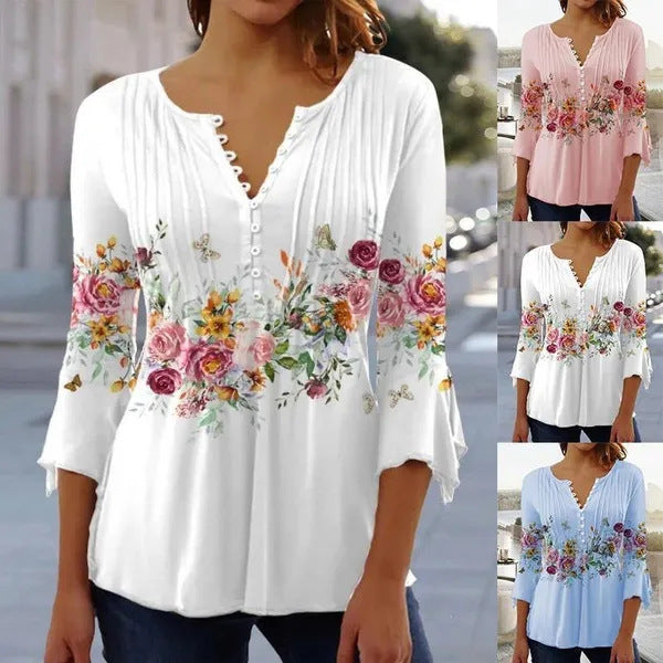 Women's Floral Printed Sleeve Pleated Button T-shirt Blouses