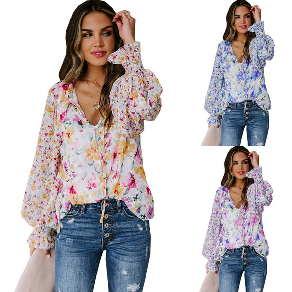 Women's Chiffon Loose Floral Pattern Fashion Lantern Tops