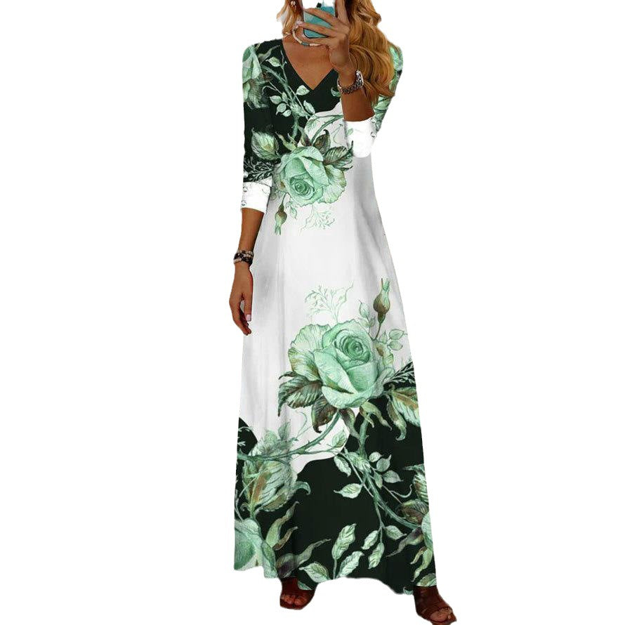 Women's Positioning Printed Button Mid-length Long Sleeve Dresses