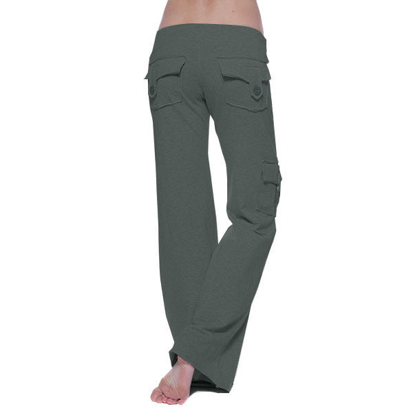 Graceful Elastic Waist Button Pocket Yoga Pants