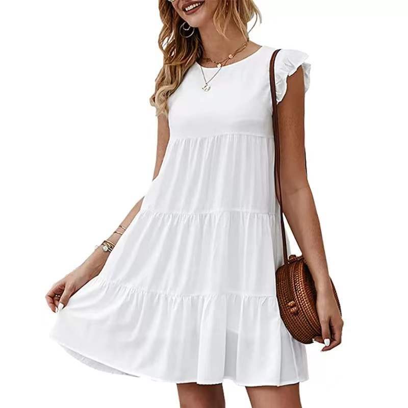 Color Round Neck Sleeves Casual Cake Pleated Dresses