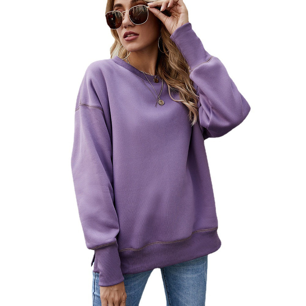 Women's Hemline At Hem Fleece Round Neck Pullover Veet Sweaters