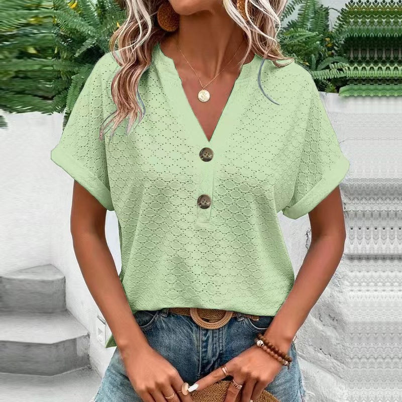 Women's Fashion Casual Solid Color Buttons T-shirt Blouses