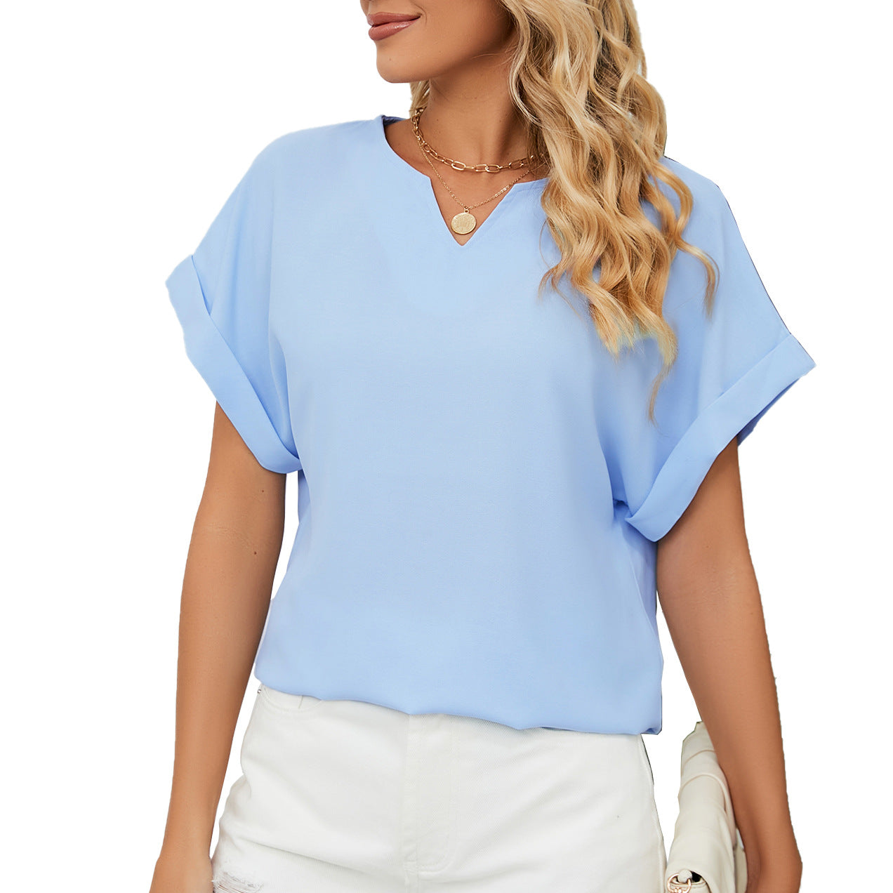 Women's Solid Color V-neck Short-sleeved Loose Blouses