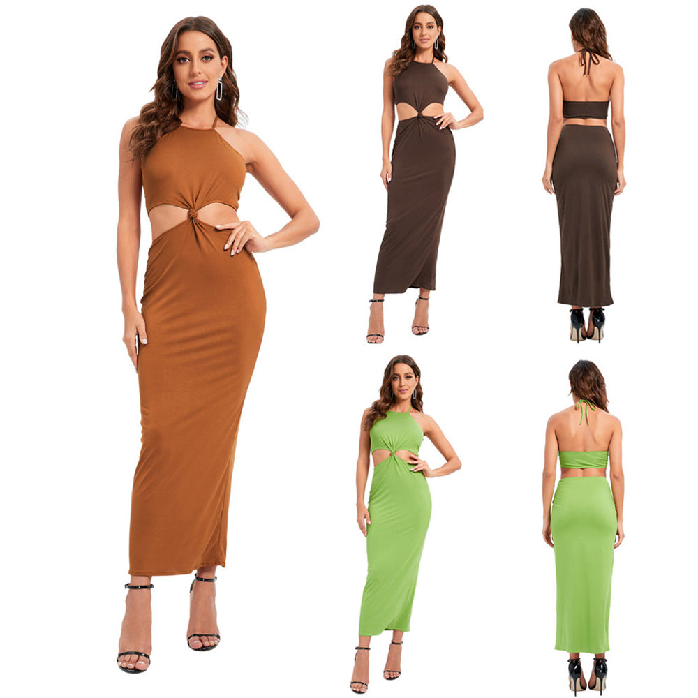 Women's Sexy Backless Sleeveless Halter Skinny Hip Long Waist-baring Dresses